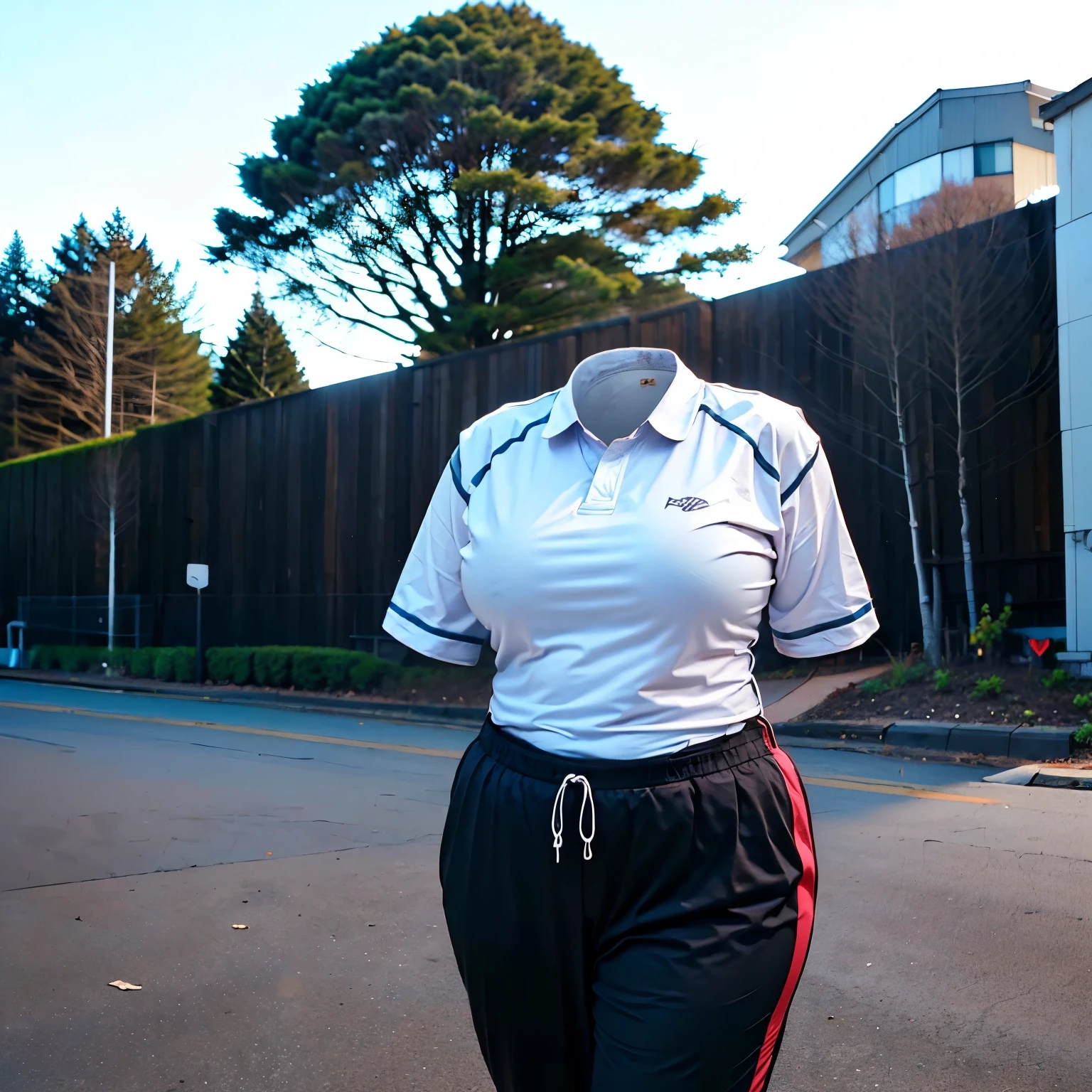(from side), leaning forward, Clothing Details, (invisible, no humans, headless, faceless:1.5), in morning, fat, chubby, cute big breast, jogging uniform, (8k, RAW photo, best quality, masterpiece:1.2), (realistic, photo-realistic:1.37), photon mapping, radiosity, ((Hasselblad photography)), physically-based rendering