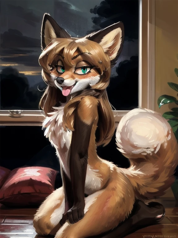 uploaded to E621, by Kenket, by Ross Tran, by Michael & Inessa Garmash, by Pino Daeni, by Kiguri, by Alena Aenami, by Ruan Jia, A solo vixen ((female) (anthro) ([foxl])), beautiful and detailed portrait of an anthropomorphic vixen ((female)), anthro fox girl, body fur, flat chest, chest fluff, body fur, curvy, sexy, nice, cute, hot, sassy, sassy hips, smug, (Averi, Fox girl), hi res, photorealism, soft shading, (detailed fur: 1.1), (solo: 1.1), ((beautiful) eyes: 1.1), (detailed eyes: 1.1), (detailed), (masterpiece: 1.2), (athletic), good anatomy, detailed face, speech bubble, heart, hearts, seductive pose, sexy pose, wet fur, raining, bending obver, tongue, blep, smiling, cute smile, blushing, sitting, leaning forward, raised leg