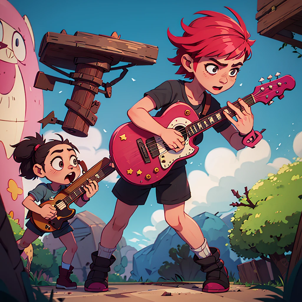 make a fanart drawing, Kizi, skin fair, Pink short hair, the gray shirt is hellokitty, black shorts, half torn sock and boots with thorns and stars, make her play the guitar