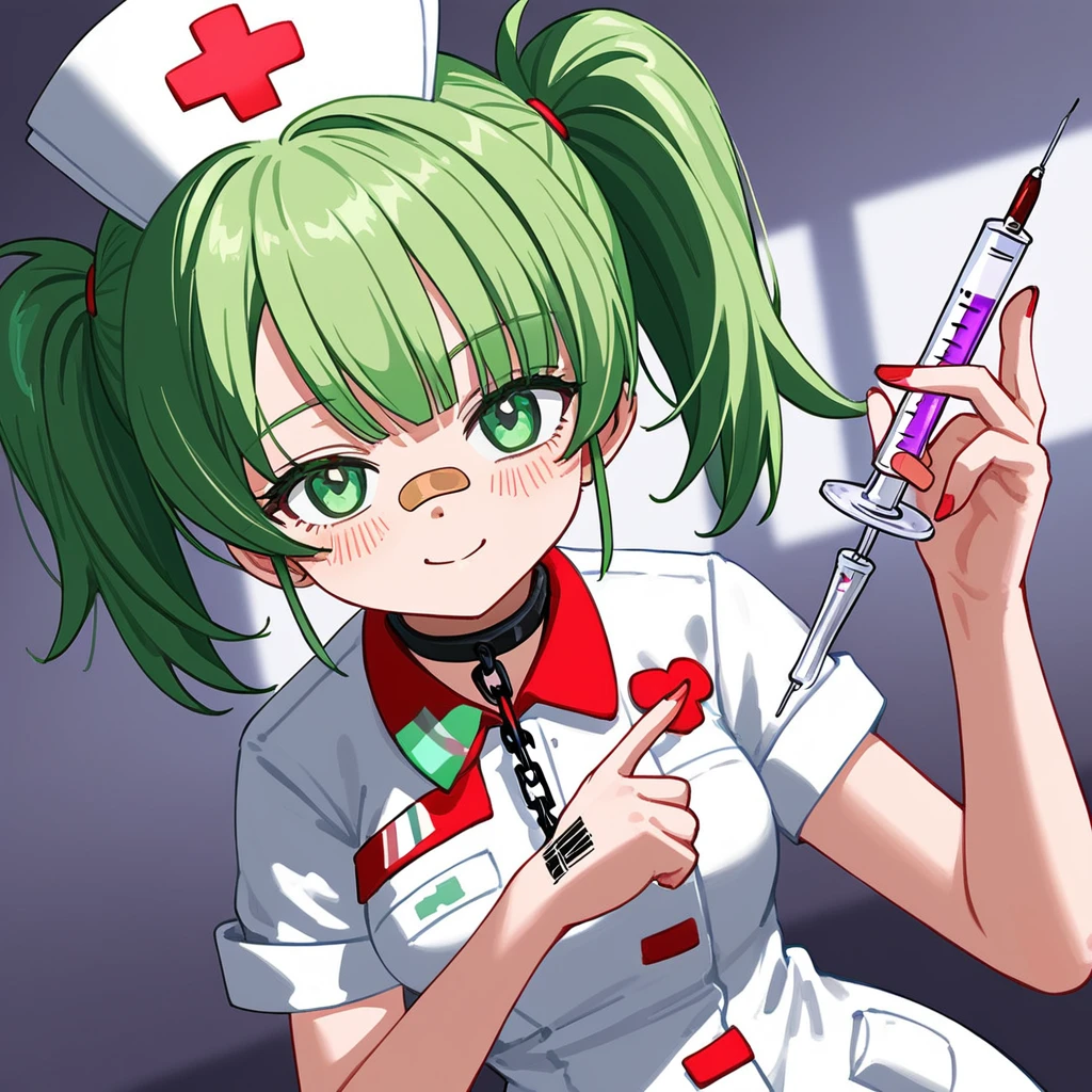 girl similar to gorillaz noodle, short black hair  ((drawing)), ((anime girl nose)) ,Generate an anime-style artwork featuring a mischievous nurse with mint green hair in pigtails, wearing a white nurse cap with red crosses and a pink heart. She is dressed in a white nurse uniform adorned with colorful badges and pins, holding a large syringe with a gradient color. The nurse has tattoos on her arms, a band-aid on her cheek, and a chain around her right leg connected to a medi