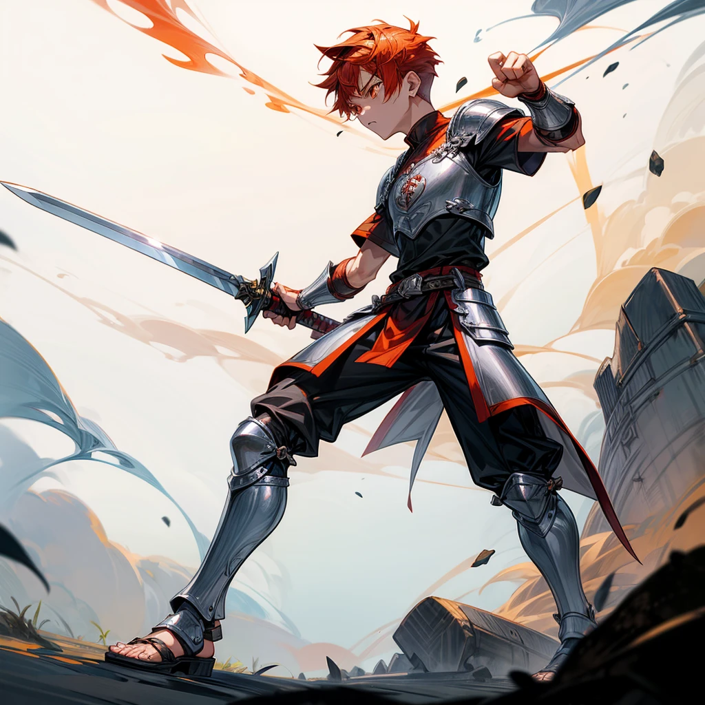 1boys, Full body version, orange eyes, undercut hair, red colour hair, very angry expression, gladiator clothing, short sleeve shirt, gladiator skirt, silver armor body, bodybelt, gladiator sandals, Spatha sword in hand, (war gesture), Grassroots background in war, smoke 