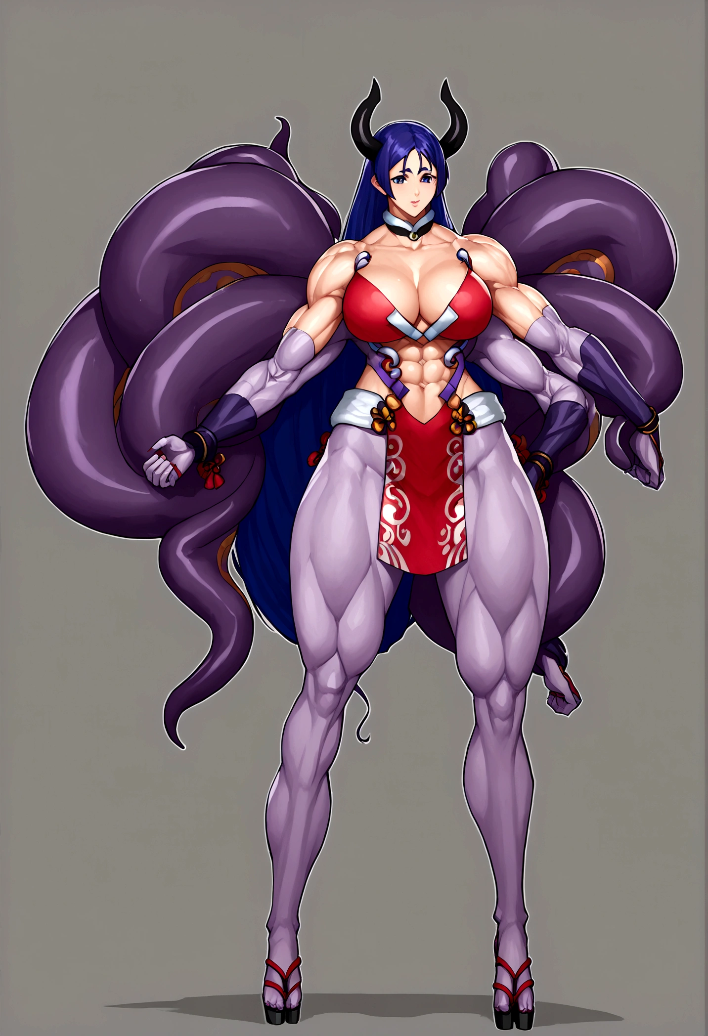 Mai Shiranui, ninomae hair, ninomae tentacles, raikou catsuit, felicia body, Yamato horns, gigantic muscular body, 4 arms, full body.
