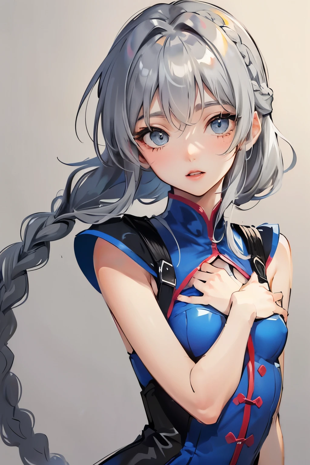 ((cute)), (Gray Hair), (Braid), ((Highest quality)), (Super detailed), ((Super small breasts)), ((Small breasts)), Her arms are pressed together against her chest, Showing her breasts,