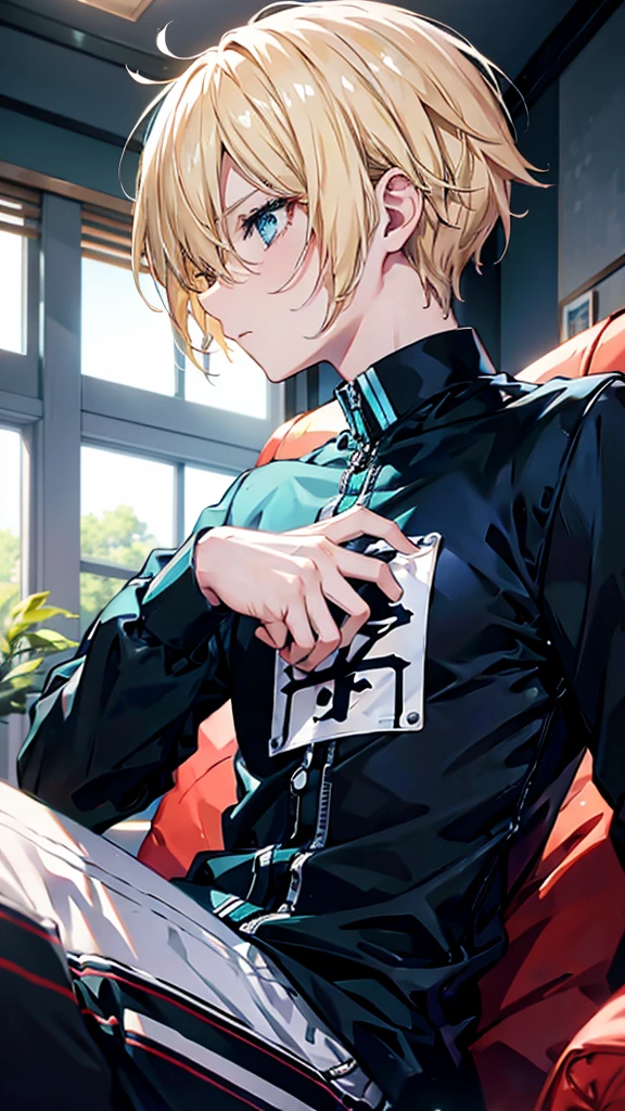 profile background, anime boy, serious face, blond hair, cyan eyes, detailed eyes and face, white shirt with a kanji in the middle, sitting on the sofa, in the living room, high-res portrait, character, fantasy, 4K, high resolution