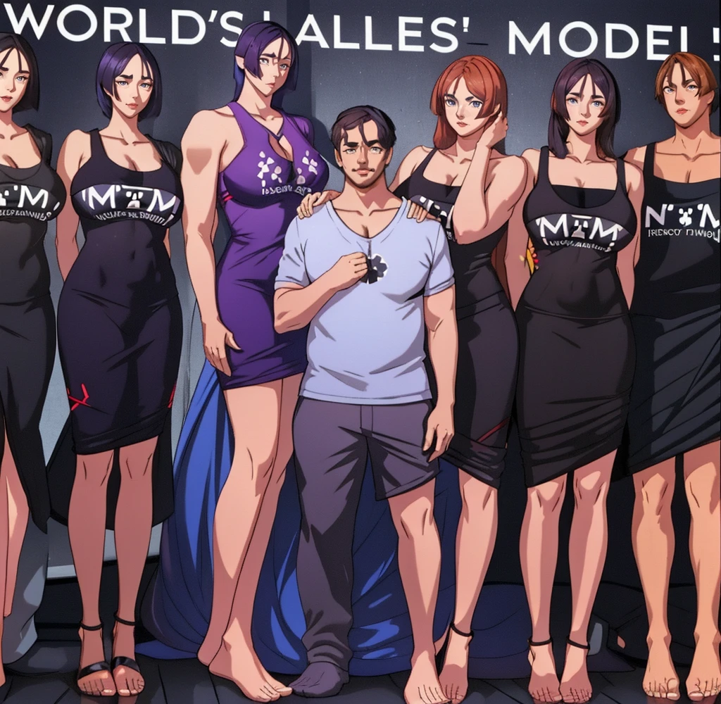 Three tall girls on the lfe left, three tall girls in the right, short man in the middle, the girls are much taller than the man, girls have big and cleavage, girls are wearing black, man is wearing blue shirt, girls are standing barefoot, man is wearing shoes,