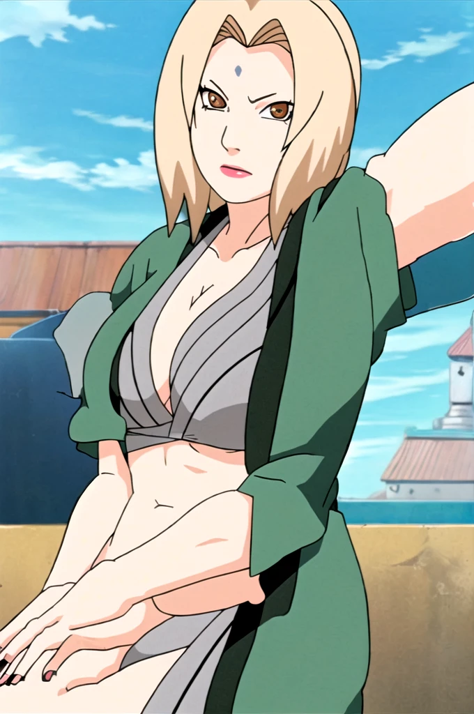 masterpiece, best quality, facing viewer, looking at viewer, 1girl, solo, outdoors, beach, standing, shy, tsunade, bikini