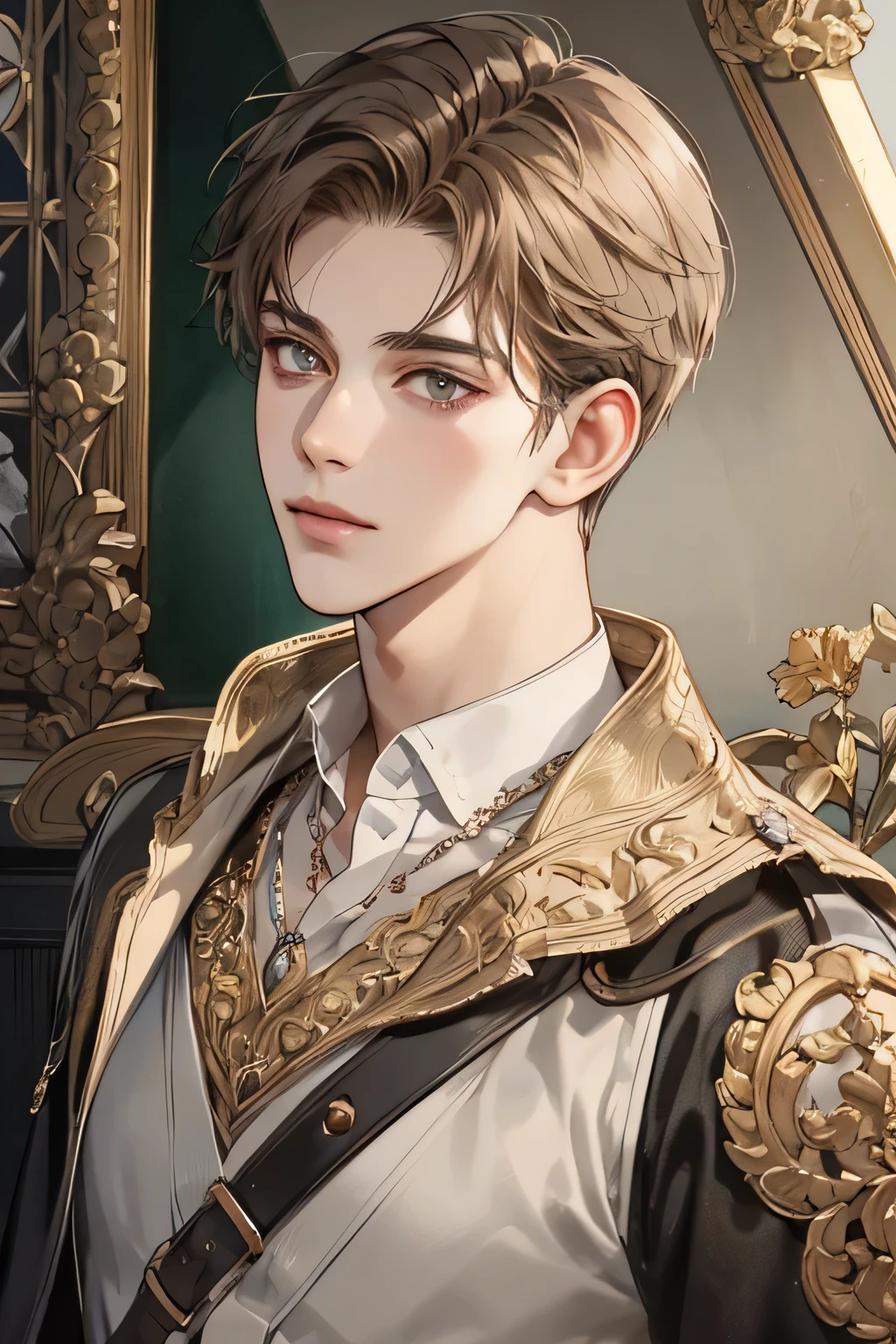 (extreamly delicate and beautiful:1.2), 8K,(masterpiece:1.0),(best_quality:1.0), 1boy, and intricate detailing, Enlarged textures, and intricate detailing, finely eye and detailed face, and intricate detailing, golden brown medium hair, (closed mouths), Perfect eyes, Equal eyes, grey eyes (A male god) perpect, with earing, neckless