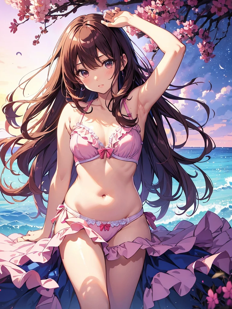 master piece, extremely detailed, high resolution,Makoto Shinkai style、high school girl、1 girl、Upper body only、Pink Bra、Pink Panties、Glossy, plump lips、Shiny Hair、Brown Hair、Long Straight Hair、Mid-chest、Narrow waist、Girl&#39;s room view、Backwards、Looking up from below、Skirt is held back、Embarrassed look、Looking at me shyly、Red cheeks、