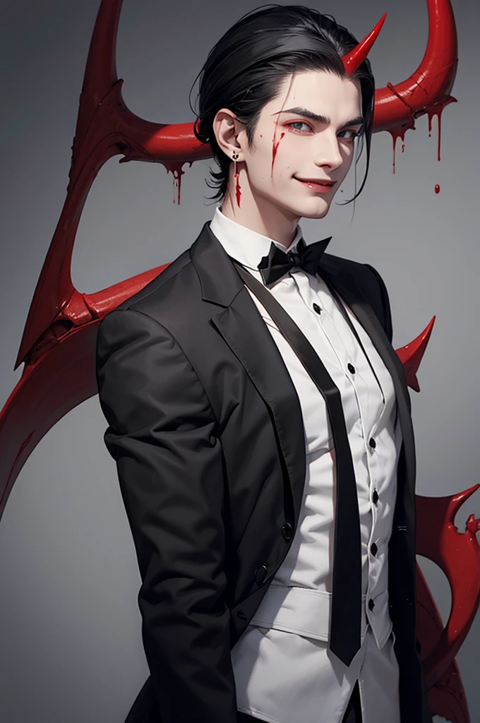 Young man, medium-length black hair slicked back, horns on head, demon, black schoolboy-style clothing, black eyes, red liquid, blood, smile, smirk, cross earring, piercing.