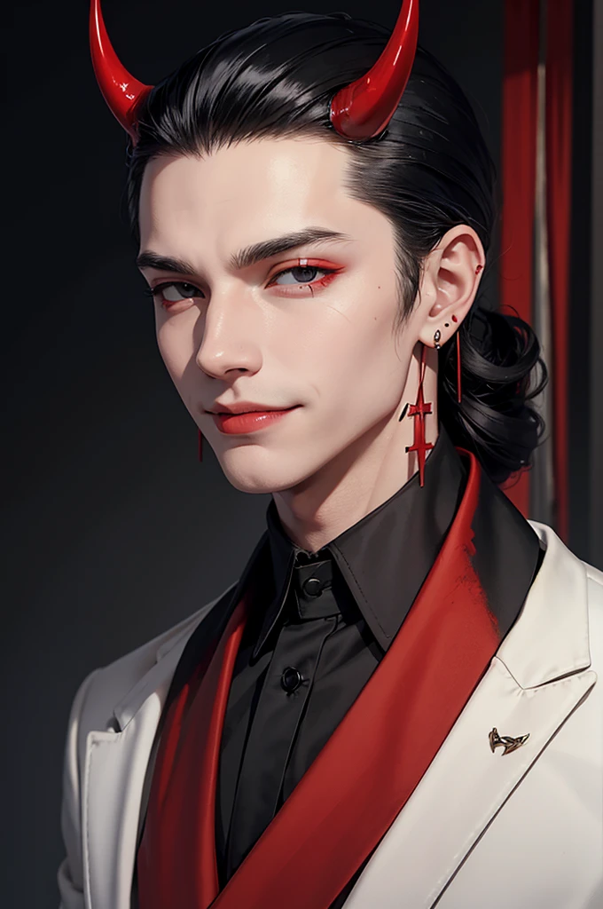 Young man, medium-length black hair slicked back, horns on head, demon, black schoolboy-style clothing, black eyes, red liquid, blood, smile, smirk, cross earring, piercing.
