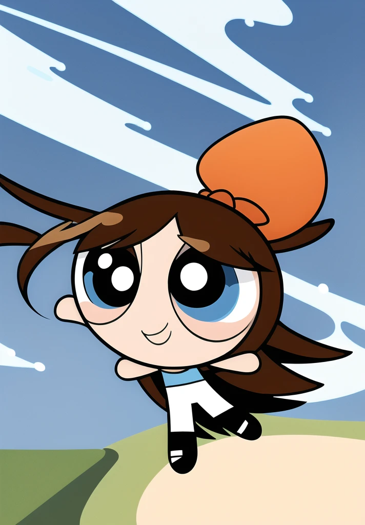((( brown long hair,))) smile, chibi, full body,1girl, brown eyes, white blue dress, school background