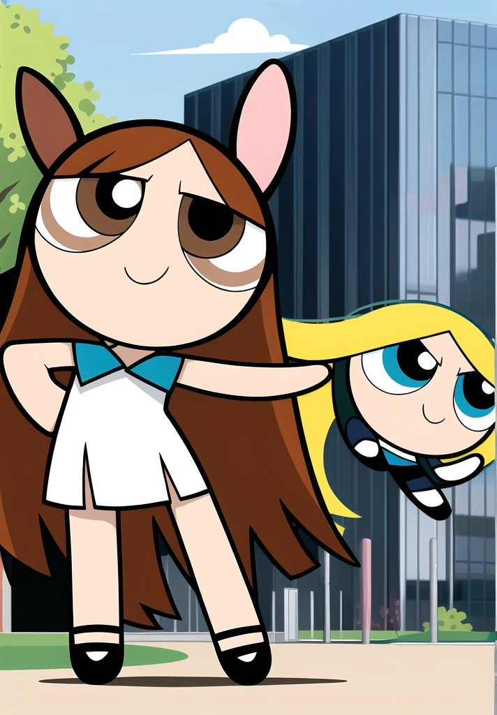 ((( brown long hair,))) smile, chibi, full body,1girl, brown eyes, white blue dress, school background