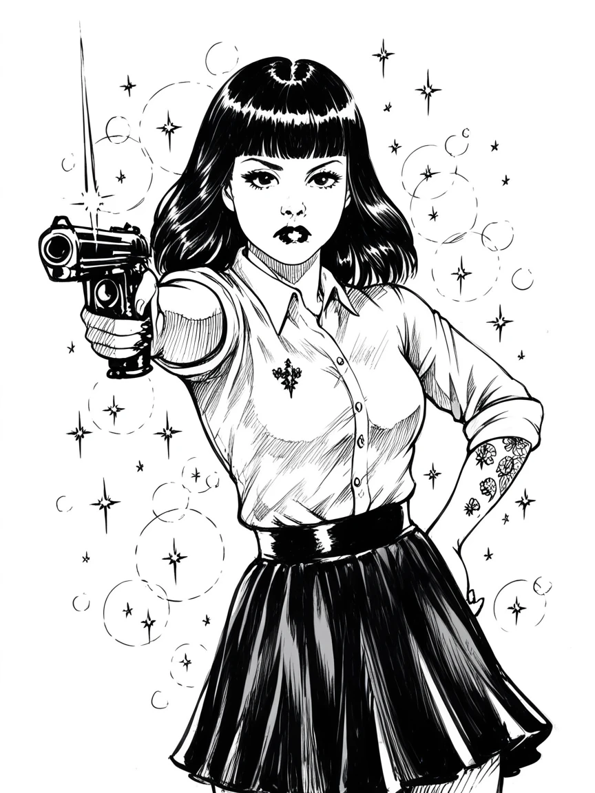 score_9, score_8_up, score_7_up, 1girl, sketch, sp1t, monochrome, detailed background, Asian, white shirt, black skirt, rolled up sleeves, sunny, lovely, hime cut hair, scowl, aiming gun, black lips, black eyes, tattoos