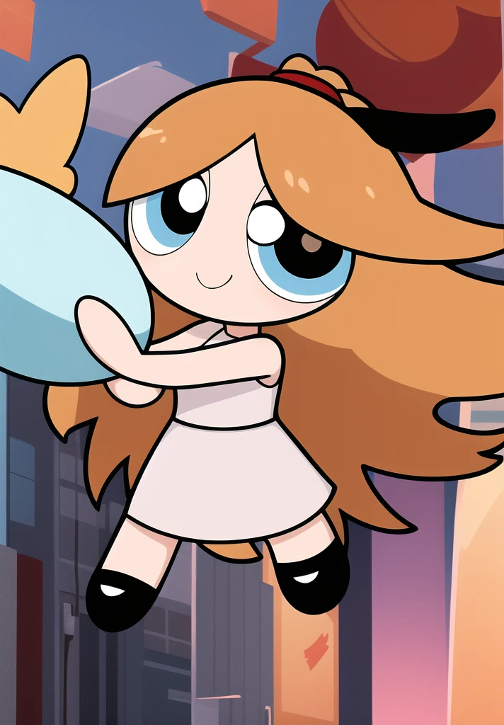 ((( brown long hair,))) smile, chibi, full body,1girl, brown eyes, white blue dress, school background