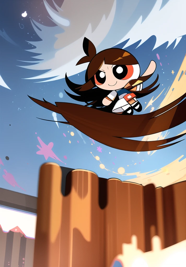 ((( brown long hair,))) smile, chibi, full body,1girl, brown eyes, white blue dress, school background
