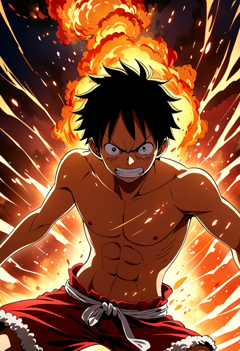 Design a gripping poster featuring Luffy from "One Piece" in a fit of rage. Capture the essence of his burning determination and unyielding spirit as he unleashes his wrath upon his enemies. Keep it short, bold, and intense to convey the raw power of Luffy's anger, naked, shota