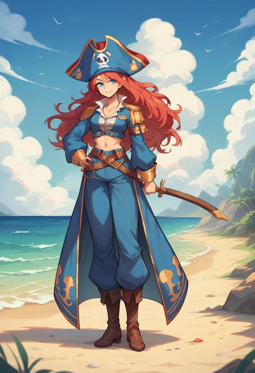 An adult pirate anime girl with a blue pirate hat, blue eyes, red and long hair, blue pirate clothes and on the beach of an island, full body wiew.