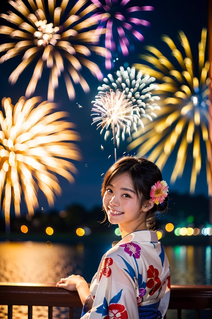 ((Highest quality, 8K, masterpiece: 1.3)),RAW Photos,Realistic atmosphere,Lens flare, Ray Tracing,(Detailed beautiful white skin:1.3),Beautiful Japanese,22 years old, (Watching the fireworks wearing a floral yukata:1.2),((Looking back with an innocent smile:1.3)),Raise your hand and rejoice,Blurred grand fireworks,(Many colorful fireworks:1.2)Star Mine,Spectacular fireworks reflected on the lake