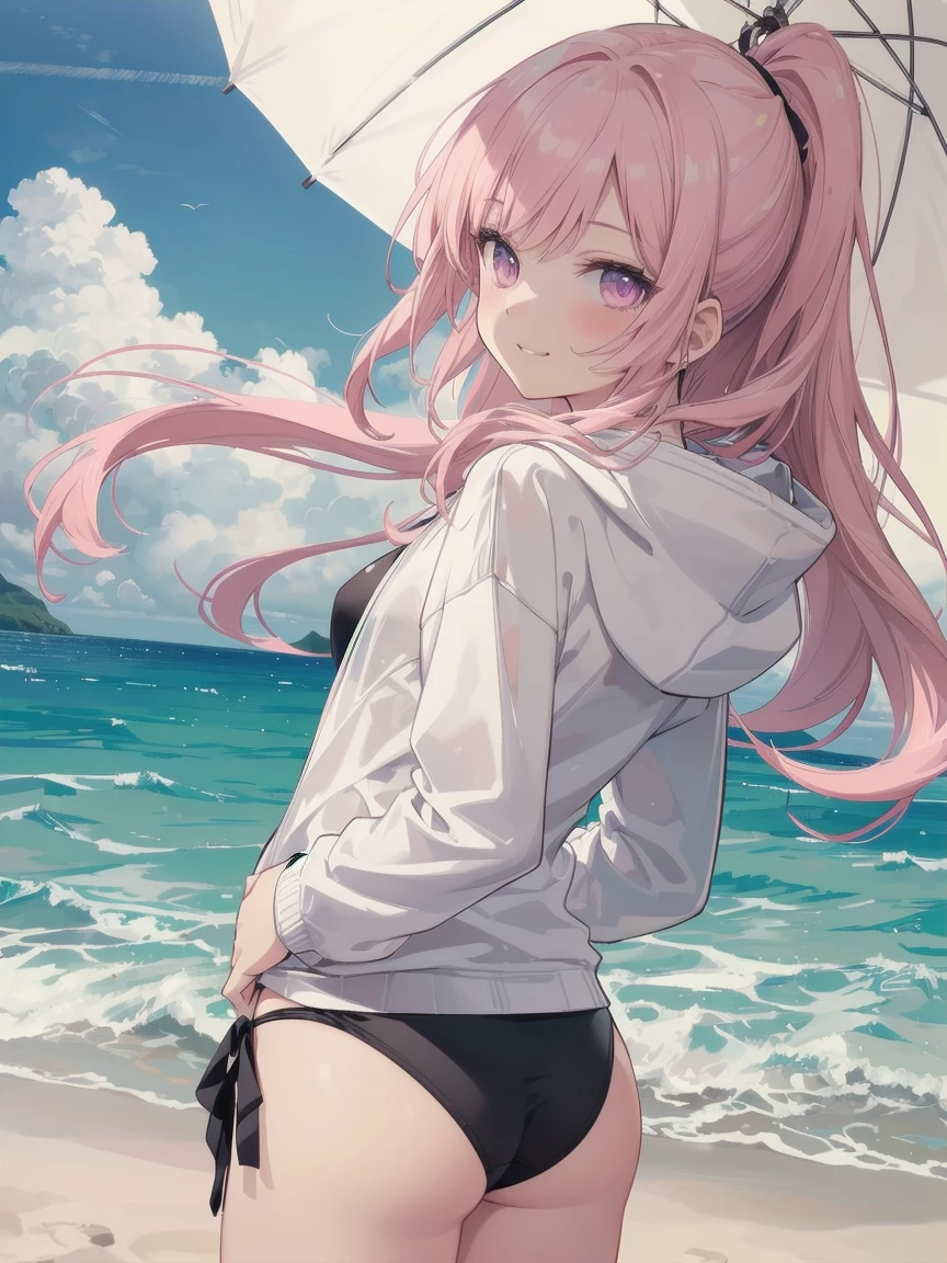 (masterpiece, best quality), ultra high resolution, (best quality photorealistic illustration), (ultra detailed), (cute illustration: 1.3), (high saturation: 1.2), detailed beautiful face and eyes, highly detailed background, dynamic lighting, (very delicate and beautiful), nice hands, perfect hands, (proper posture), (proper composition), ideal body proportions, ((single girl)),
solo, (reaching out), (front view: 1.2), dynamic angle, Summer beach,
date, (manga style), (line art_animation), (cowboy shot, best quality), (photo of laura bud: 1.2), (add details of laura: 1.0), 8k, flat color: 0.8,
single girl, grinning, (black swimsuit, bikini, wearing a white hoodie, Summer beach background, 1.5), pink hair, long hair, beautifully detailed pink eyes, tall stature, skinny body,looking back, delighted