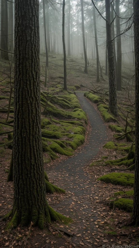 A dense, dark forest stretches as far as the eye can see, where sunlight can barely penetrate through the tall, intertwined treetops. the trees, with thick, twisted trunks, have rough, lichen-covered bark, casting long, unsettling shadows on the ground. Bare, twisted branches reach out like skeletal hands, intertwining above, blocking almost all light.
The ground is covered in dead leaves, in shades of brown and gray, mixed with thick green moss, creating a soft and silent carpet. Thick fog crawls across the ground, creating an ethereal atmosphere and further obscuring the view. At some points, exposed roots coil like snakes through the soil.
among the trees, indistinct shapes seem to move in the dim light, suggesting the presence of creatures hiding in the shadows. The air is cold and humid, carrying the pungent aroma of wet earth and decaying vegetation, with a touch of something ancient and indefinable. Drops of moisture accumulate on the leaves and slowly drip, the sound occasionally interrupting the oppressive silence.
The only sound is the occasional snap of a dry branch under the weight of some unseen animal and the gentle murmur of the wind whispering through the trees.. a lonely crow, with black plumage and bright eyes, silently observes from the top of a branch, your penetrating gaze seems to follow every movement. It's a place that seems trapped in time, shrouded in mystery and unrest, where darkness reigns and ancient secrets whisper among the shadows.