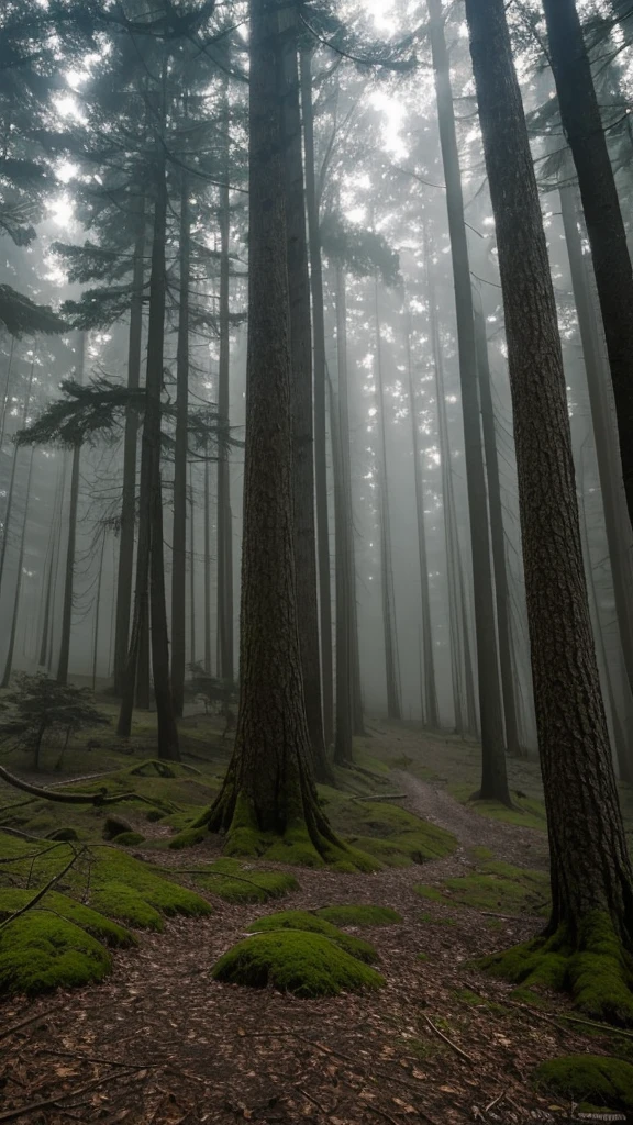 A dense, dark forest stretches as far as the eye can see, where sunlight can barely penetrate through the tall, intertwined treetops. the trees, with thick, twisted trunks, have rough, lichen-covered bark, casting long, unsettling shadows on the ground. Bare, twisted branches reach out like skeletal hands, intertwining above, blocking almost all light.

The ground is covered in dead leaves, in shades of brown and gray, mixed with thick green moss, creating a soft and silent carpet. Thick fog crawls across the ground, creating an ethereal atmosphere and further obscuring the view. At some points, exposed roots coil like snakes through the soil.

among the trees, indistinct shapes seem to move in the dim light, suggesting the presence of creatures hiding in the shadows. The air is cold and humid, carrying the pungent aroma of wet earth and decaying vegetation, with a touch of something ancient and indefinable. Drops of moisture accumulate on the leaves and slowly drip, the sound occasionally interrupting the oppressive silence.

The only sound is the occasional snap of a dry branch under the weight of some unseen animal and the gentle murmur of the wind whispering through the trees.. a lonely crow, with black plumage and bright eyes, silently observes from the top of a branch, your penetrating gaze seems to follow every movement. It&#39;s a place that seems trapped in time, shrouded in mystery and unrest, where darkness reigns and ancient secrets whisper among the shadows.