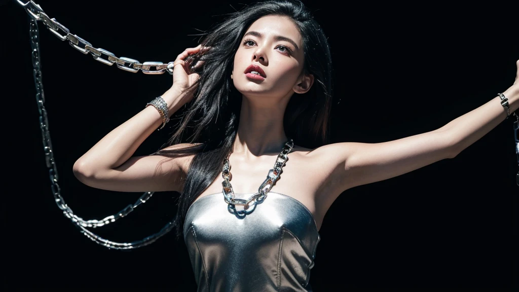 A girl with black hair is shown breaking chains that were holding her back, symbolizing freedom and strength. The chains are shattered and flying in the air, with determined look on her face.
Colors: Dark background with metallic silver chains, and subtle light highlighting the breaking point. Red