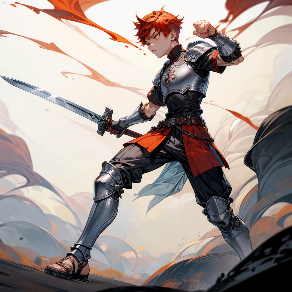 1boys, Full body version, orange eyes, undercut hair, red colour hair, very angry expression, gladiator clothing, short sleeve shirt, gladiator skirt, silver armor body, bodybelt, gladiator sandals, Spatha sword in hand, (war gesture), Grassroots background in war, smoke