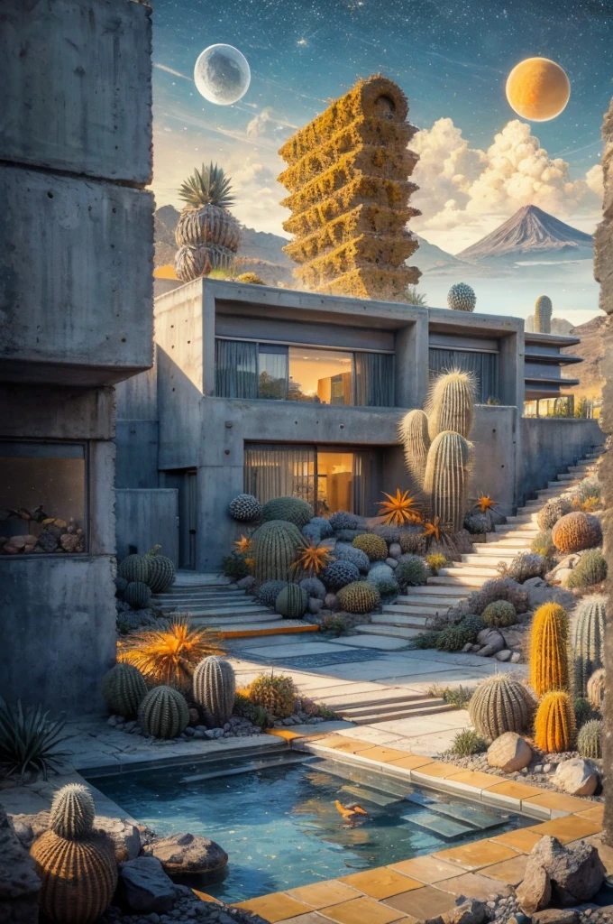 An illustration in collage style, with giant boulders, brutalist building sections, terraces, stairs, cacti, agave, concrete texture, multiple geometric shapes, hatch and cross hatching, planet saturn, volcano, moon, Luis Barragán's architectural style build, milky way galaxy, violet, one motorcycle, An illustration in collage style, with giant boulders, brutalist building sections, stairs, cacti, agave, concrete texture, multiple geometric shapes, hatch and cross hatching, planet saturn, volcano, moon, Luis Barragán's architectural style build, reflective pool, terraces. An elegant and modern build, in top of big boulders, with terraces, materials concrete, wood, steel and crystal, various gardens with tropical vegetation, cacti and rocks, stairs, a pool. In middle of sea, a big wave near, sunset, mountains and a volcano in the horizont, cute islands around, illustration format, cute color palette, detailed, masterpiece, award-winning work, clouds, Illustration, a garden with abundant cacti, ((various organic sculptures)), ((big rocks)), (((multiple sections))), collage style, detailed, (((color palette (olive green), (Mustard orange), cool grey, ((blue)), black and white))), (((a lot Luis barragán's architecture style builds))) big clouds, volcano in horizon, stairs, in the desert. ((masterpiece, best quality)),illustration,ultra detailed 8k, ((Ori Toor visual style)),soviet, megabuildings, megastructures, buildings, organic steel sculpture