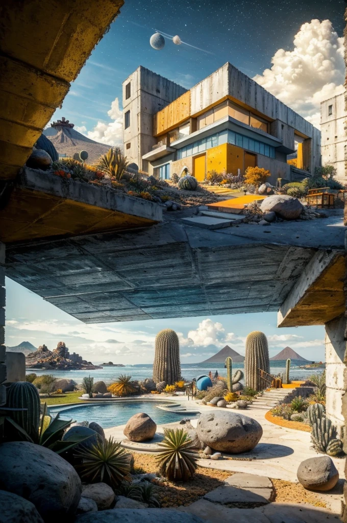 An illustration in collage style, with giant boulders, brutalist building sections, terraces, stairs, cacti, agave, concrete texture, multiple geometric shapes, hatch and cross hatching, planet saturn, volcano, moon, Luis Barragán's architectural style build, milky way galaxy, violet, one motorcycle, An illustration in collage style, with giant boulders, brutalist building sections, stairs, cacti, agave, concrete texture, multiple geometric shapes, hatch and cross hatching, planet saturn, volcano, moon, Luis Barragán's architectural style build, reflective pool, terraces. An elegant and modern build, in top of big boulders, with terraces, materials concrete, wood, steel and crystal, various gardens with tropical vegetation, cacti and rocks, stairs, a pool. In middle of sea, a big wave near, sunset, mountains and a volcano in the horizont, cute islands around, illustration format, cute color palette, detailed, masterpiece, award-winning work, clouds, Illustration, a garden with abundant cacti, ((various organic sculptures)), ((big rocks)), (((multiple sections))), collage style, detailed, (((color palette (olive green), (Mustard orange), cool grey, ((blue)), black and white))), (((a lot Luis barragán's architecture style builds))) big clouds, volcano in horizon, stairs, in the desert. ((masterpiece, best quality)),illustration,ultra detailed 8k, ((Ori Toor visual style)),soviet, megabuildings, megastructures, buildings, organic steel sculpture