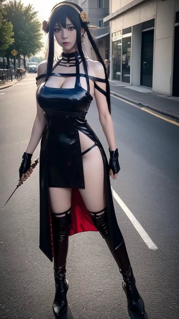 yor cosplay, cute caucasian girl cosplaying yor standing on road side, wide range photoshoot, beautiful face, clear face, hot body, yor dress, spyxfamily, assassin suit dress, huge breasts, Realistic, thick body, sun light