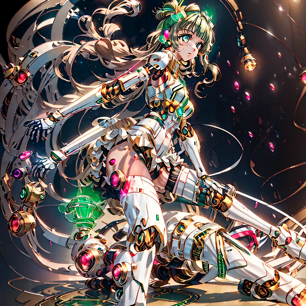 masterpiece, high quality, Gynoid Cyborg Body、The face is Minami Kotori、Minami Kotori, who has been remodeled into a girl-type mechanical body、Mecha Cyborg Girl、Single, frontal composition、Single image、from front, full body、Arms and legs wide open、Black Background