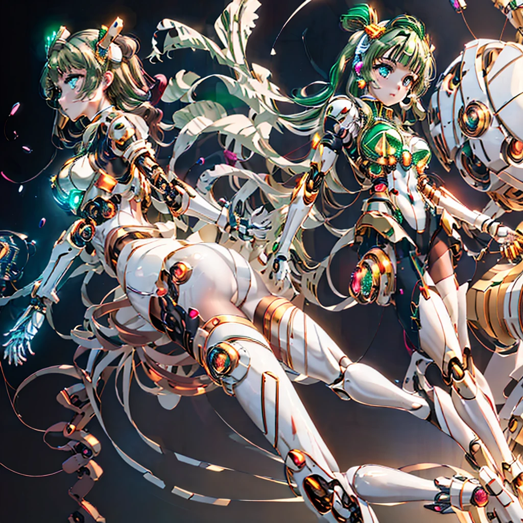 masterpiece, high quality, Gynoid Cyborg Body、The face is Minami Kotori、Minami Kotori, who has been remodeled into a girl-type mechanical body、Mecha Cyborg Girl、Single, frontal composition、Single image、from front, full body、Arms and legs wide open、Black Background