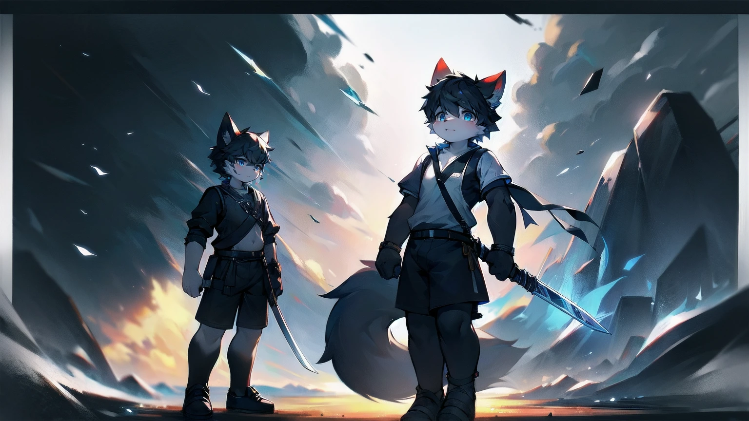 White Wolf,black hair,Sky blue eyes,hairy,Wolf ears,Wolf tail,Full body portrait,The character is in the center of the frame,Handsome,Confident eyes,male,juvenile,Black and white combat uniform,Red neck bib,Black shorts,Short sleeve,hairy arms and legs,Dark background,Dark battlefield,dawn,sunrise,dawn,illumination,shadow,Swordsman,Scabbard and sword,Hold the hilt of a sword in your hand,The scabbard is at the waist,Highest quality