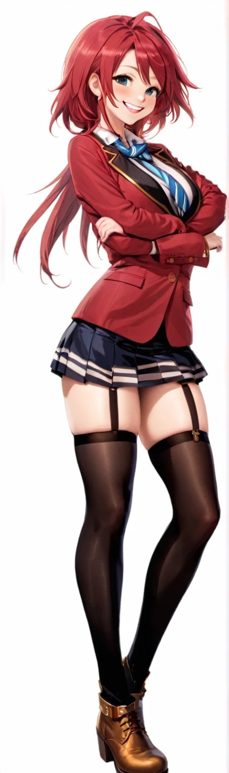 masterpiece, Highest quality, High resolution, , Red Hair, Red Bow, Striped blue scarf, blazer, Gold Button,(A big smile),Red ugly jacket, Long sleeve, garter belt,Big Breasts,,Black Skirt, Black tights, Sexy thighs,Brown boots,Arms crossed,