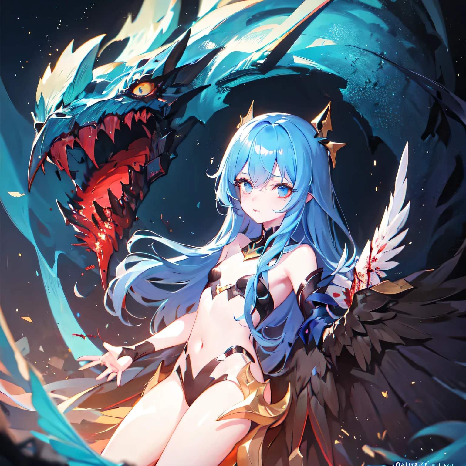 die,Blood,night, dark, (Fantasy),unlimited,Deep blue sky,The abyss of Knowledge,Knowledge,((masterpiece)), (((Highest quality))),((Beautiful attention to detail)),(eyelash),monster,(1 Girl),Blue Hair,Long Hair,Eye of the Abyss,Shiny skin,Oil,Small breasts,(Bird&#39;s body,feather),Wear rags, Tzeentch,Fairy,extremely detailed CG unity 8k wallpaper,masterpiece, ((Super detailed)), ((figure)),colorful,wallpaper,energy,Fear of the unknown,Mysterious,Around the magic,Magical Surroundings,Magic wand,Book,Pages flying through the sky,Know it all,Predicting the future,Know the past,unlimited wisdom,Blue Flame,Warlock,magic circle,Pentagram,incantation,Mantra,Singing Magic,