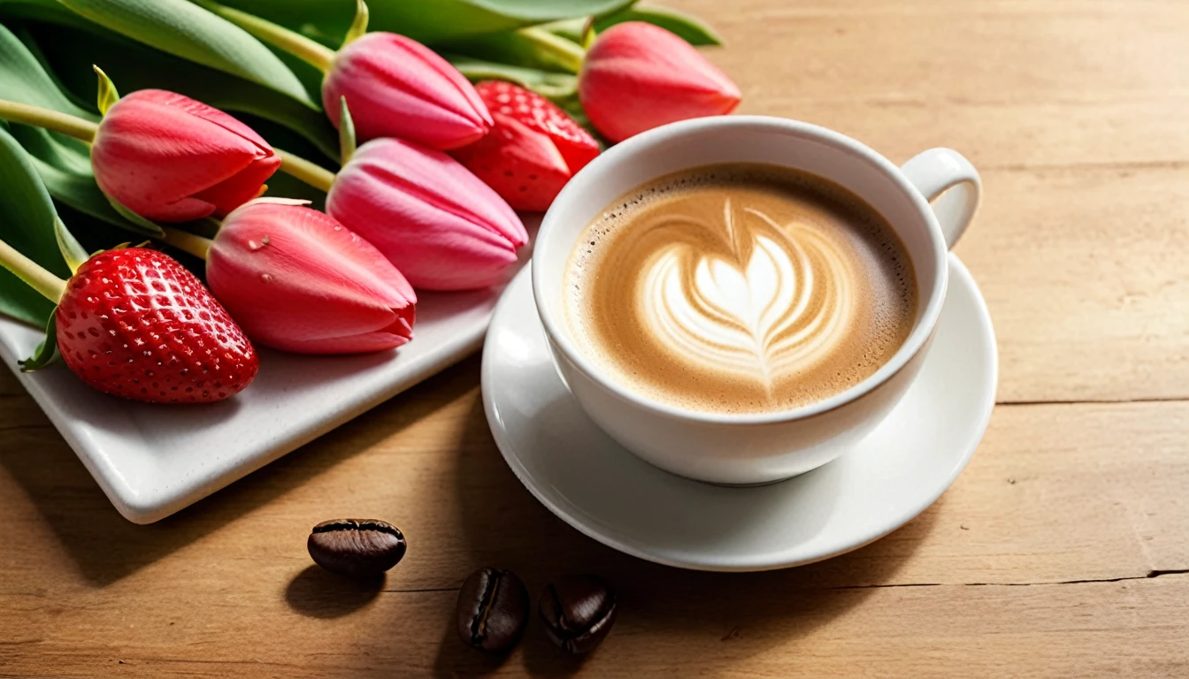 Best still life composition(best quality,4K,8K,High resolution,masterpiece:1.2),Super detailed,(Practical,photoPractical,photo-Practical:1.37),latté(clear focus、obvious)There is slight smoke in the pink and green ceramic cup.Artist coffee impression.White sweater with clear texture,Wrinkles arranged randomly..strawberry.Sophisticated and elegant.A bouquet of bright pink and white tulips laid flat from above(Lying flat on the table.From top to left.Make space on your desk.)..modern style.Fresh coffee beans are placed on the wooden bench next to it.Core and Texture. Freshness and flavor.Super detailed.(Super quality,Super detailed,Ultra-complex,Extremely complex)Soft and natural light and shadow.Reverse fragrance.no humans.Ultra wide angle, (Detailed texture),Background covered with film grain, natural soft light,(Morning Scene.warm sunshine in the morning)Ray tracing, Vignette, Wide-angle lens, Ultra wide angle, best qualitycinematic lighting, Depth of Field, outer boundary, Negative space, Letterbox header image