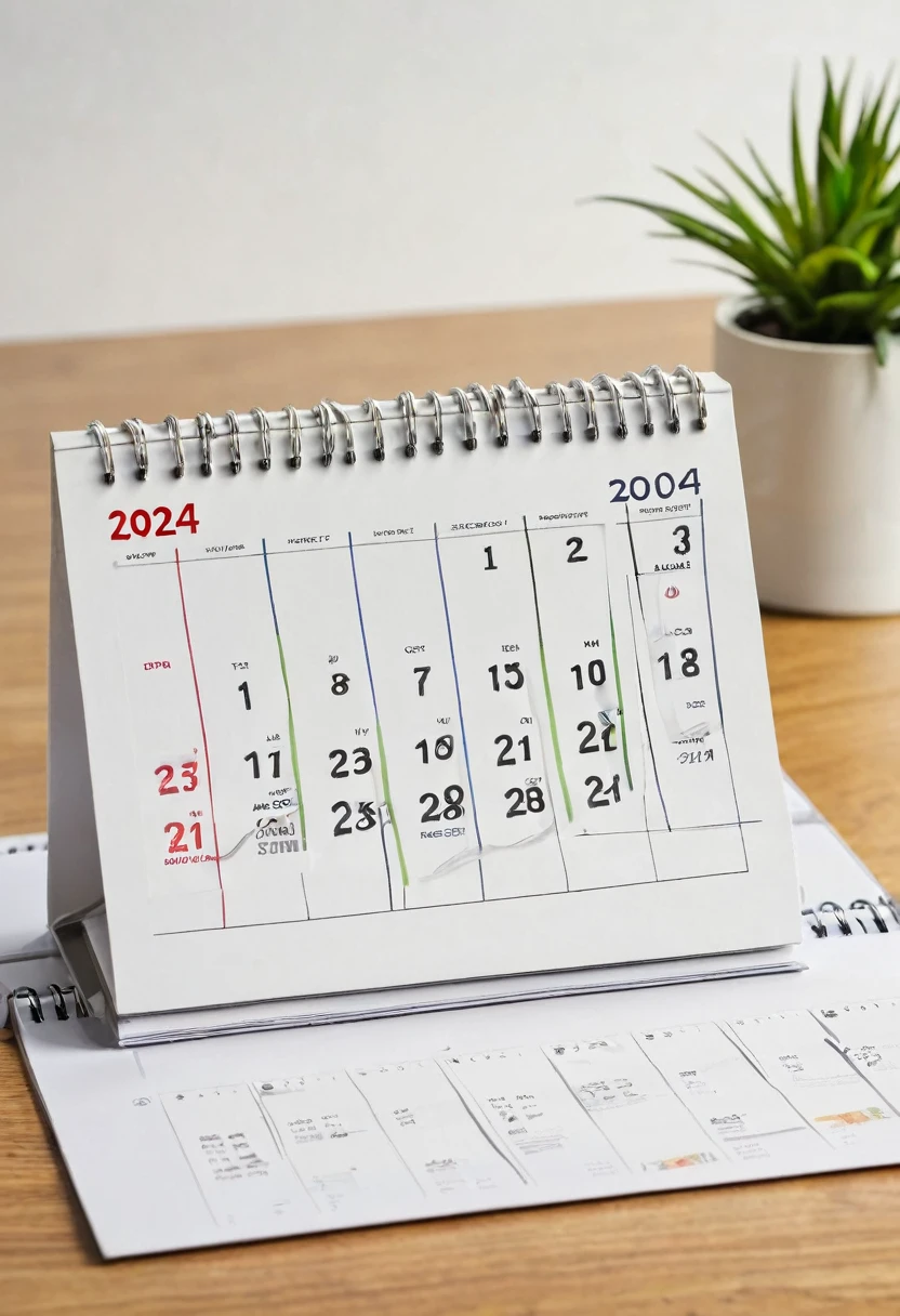 A desk calendar,The calendar says 2024.6.30,A round clock in the upper left corner of the calendar,The hour hand points to 12 o'clock。There are faint shadows of trees around,Simple picture,reality,magazine cover,Warm colors