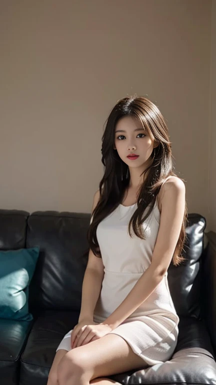 1 Girl,living room,Sitting on the sofa,Soft Light,Chinese Beauty,Tight Fit,dress,Dark-haired,long hair,