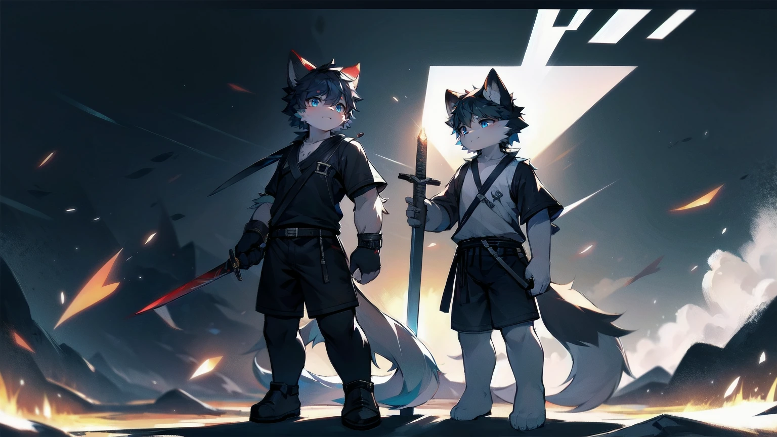 White Wolf,black hair,Sky blue eyes,hairy,Wolf ears,Wolf tail,Full body portrait,The character is in the center of the frame,Handsome,Confident eyes,male,juvenile,Black and white combat uniform,Red neck bib,Black shorts,Short sleeve,hairy arms and legs,Dark background,Dark battlefield,dawn,sunrise,dawn,illumination,shadow,Swordsman,Scabbard and sword,Hold the hilt of a sword in your hand,The scabbard is at the waist,Highest quality