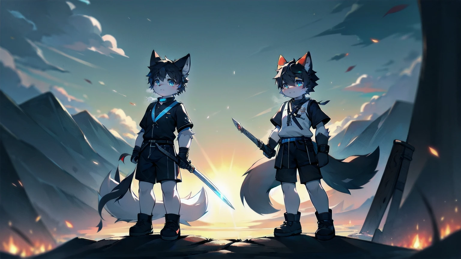 White Wolf,black hair,Sky blue eyes,hairy,Wolf ears,Wolf tail,Full body portrait,The character is in the center of the frame,Handsome,Confident eyes,male,juvenile,Black and white combat uniform,Red neck bib,Black shorts,Short sleeve,hairy arms and legs,Dark background,Dark battlefield,dawn,sunrise,dawn,illumination,shadow,Swordsman,Scabbard and sword,Hold the hilt of a sword in your hand,The scabbard is at the waist,Highest quality