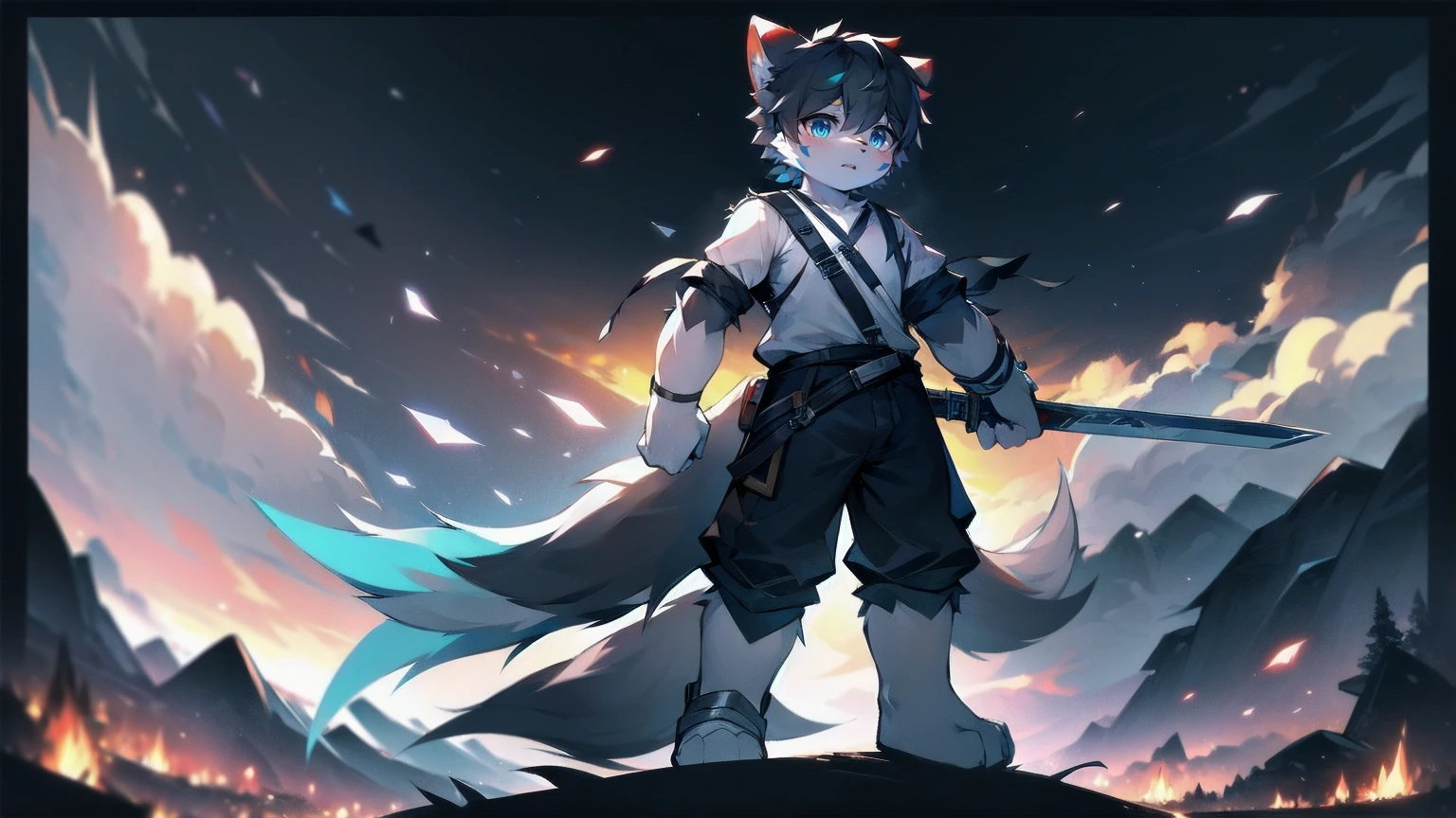 White Wolf，black hair，Sky blue eyes，hairy，Wolf ears，Wolf tail，Full body portrait，The character is in the center of the frame，Handsome，Confident eyes，male，juvenile，Black and white combat uniform，Red neck bib，Black shorts，Short sleeve，hairy arms and legs，Dark background，Dark battlefield，dawn，sunrise，dawn，illumination，shadow，Swordsman，Scabbard and sword，Hold the hilt of a sword in your hand，The scabbard is at the waist，Highest quality