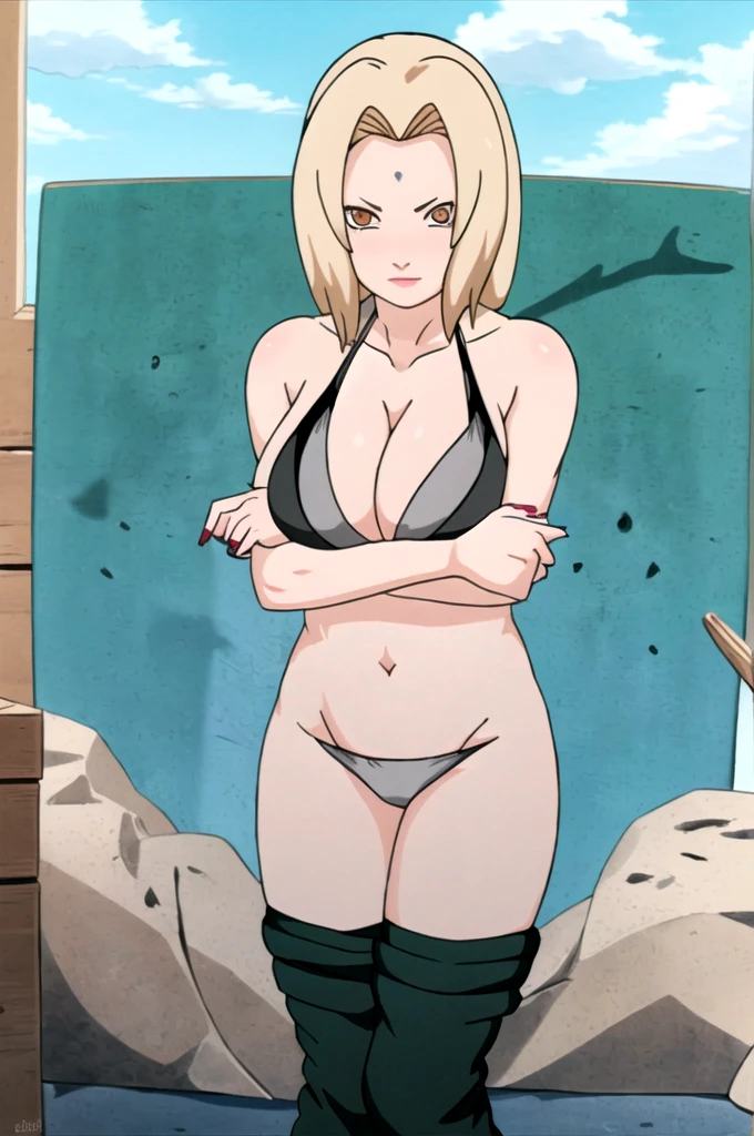 masterpiece, best quality, facing viewer, looking at viewer, 1girl, solo, outdoors, beach, standing, shy, tsunade, bikini