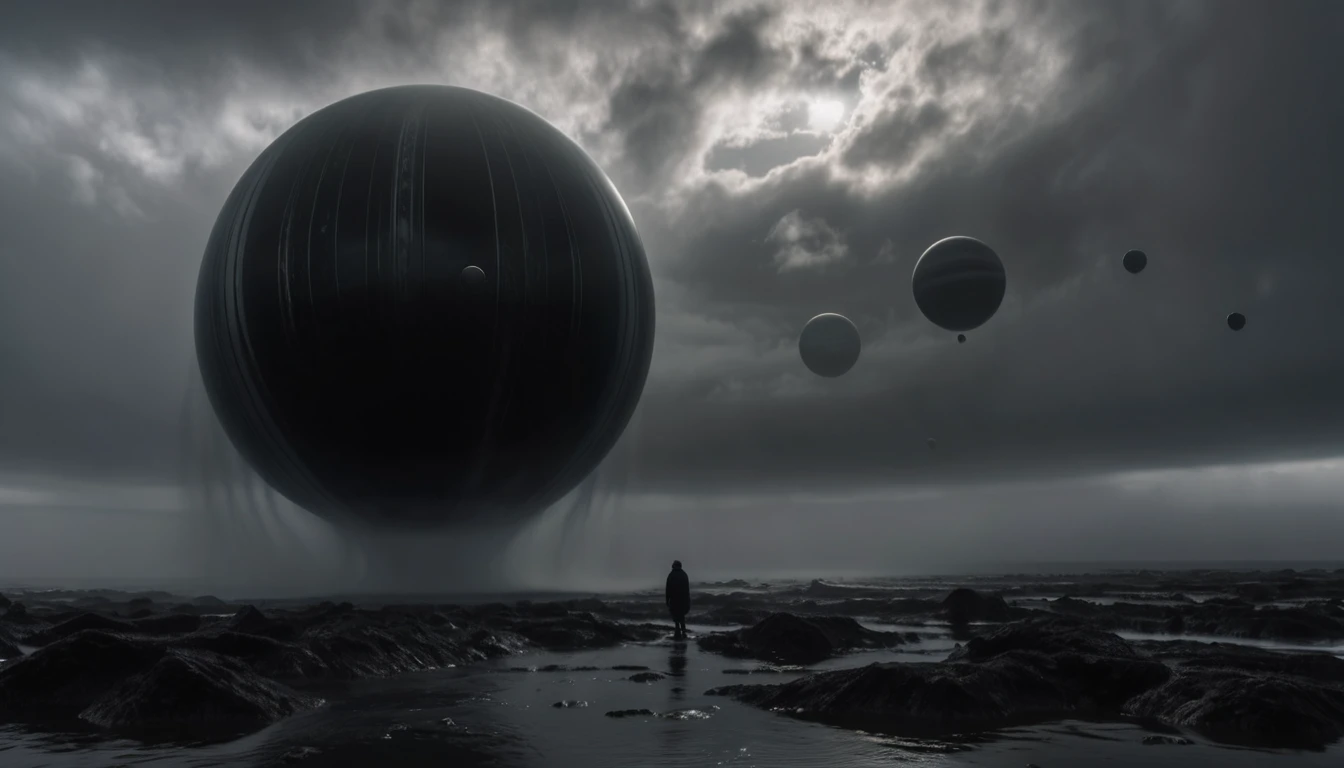 ON A STORMY GRAY DAY THE GIANT BLACK PLANETS ARE SEEN, R STYLE.h. GIGER VERY CLOSE, ALMOST TOUCHING. SHOWS GRAVITATIONAL FIELD ABSORBING AND RELEASING MATTER MUTUALLY, 4k image, ALTA RESOLUCIÓN E hÍPER REALISTA, FILM DAYLIGHTING, CLOUDY DAY WITH FOG
