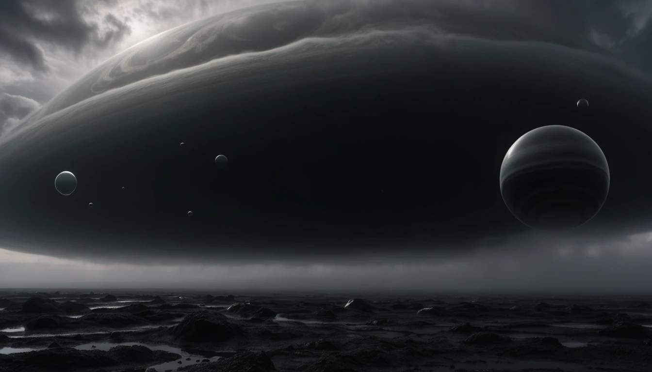 ON A STORMY GRAY DAY THE GIANT BLACK PLANETS ARE SEEN, R STYLE.h. GIGER VERY CLOSE, ALMOST TOUCHING. SHOWS GRAVITATIONAL FIELD ABSORBING AND RELEASING MATTER MUTUALLY, 4k image, ALTA RESOLUCIÓN E hÍPER REALISTA, FILM DAYLIGHTING, CLOUDY DAY WITH FOG
