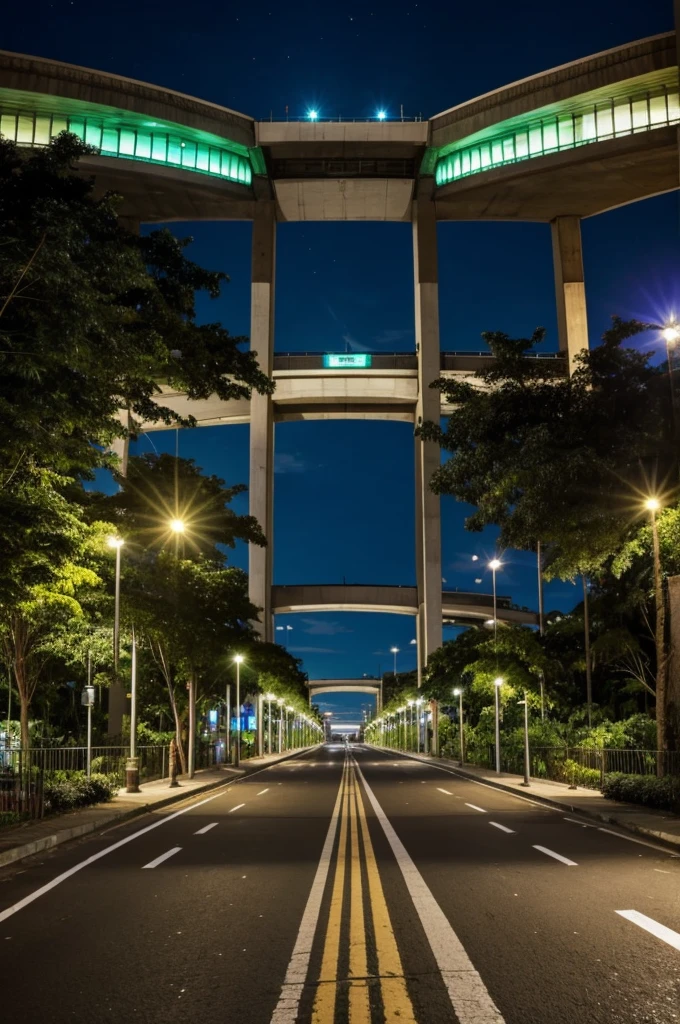 "A futuristic version of Managua at night, very bright, with green expressway buses and black doors passing in the middle of the road. The city must have many buildings, but not too many, and a considerable amount of neat vegetation. The scene must show men, women and adolescents walking through the streets and must include four overpasses. The image must be panoramic to show the entire city."