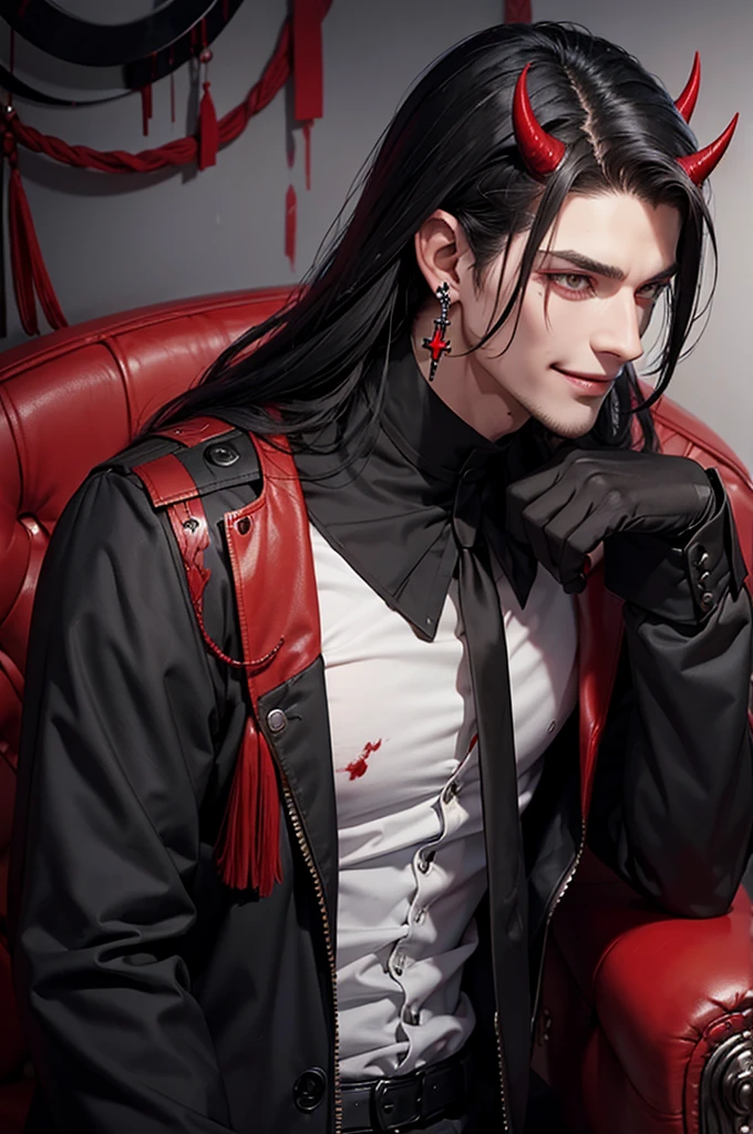 handsome man, mid-length black hair, mullet cut. horns on head, demon, black schoolboy-style clothing, black eyes, red liquid, blood, smile, smirk, cross earring, piercing.