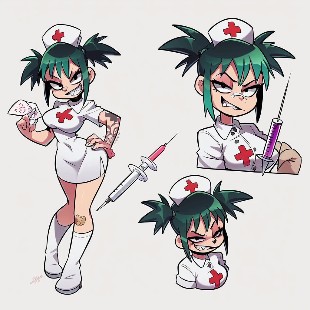 girl similar to gorillaz noodle, short black hair ((drawing)), ((anime girl nose)) ,Generate an anime-style artwork featuring a mischievous nurse with mint green hair in pigtails, wearing a white nurse cap with red crosses and a pink heart. She is dressed in a white nurse uniform adorned with colorful badges and pins, holding a large syringe with a gradient color. The nurse has tattoos on her arms, a band-aid on her cheek, and a chain around her right leg connected to a medi