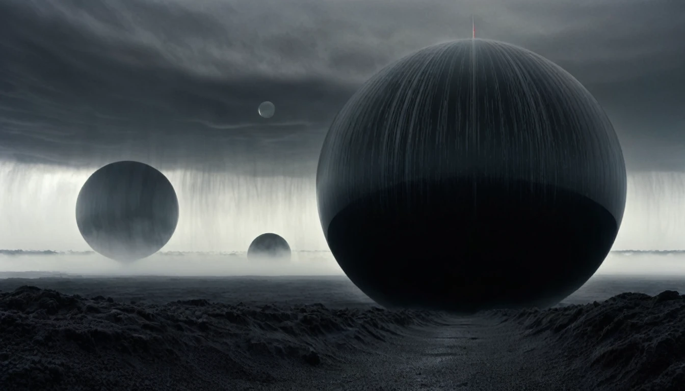 ON A STORMY GRAY DAY THE GIANT BLACK PLANETS ARE SEEN, R STYLE.h. GIGER VERY CLOSE, ALMOST TOUCHING. SHOWS GRAVITATIONAL FIELD ABSORBING AND RELEASING MATTER MUTUALLY, 4k image, ALTA RESOLUCIÓN E hÍPER REALISTA, FILM DAYLIGHTING, CLOUDY DAY WITH FOG
