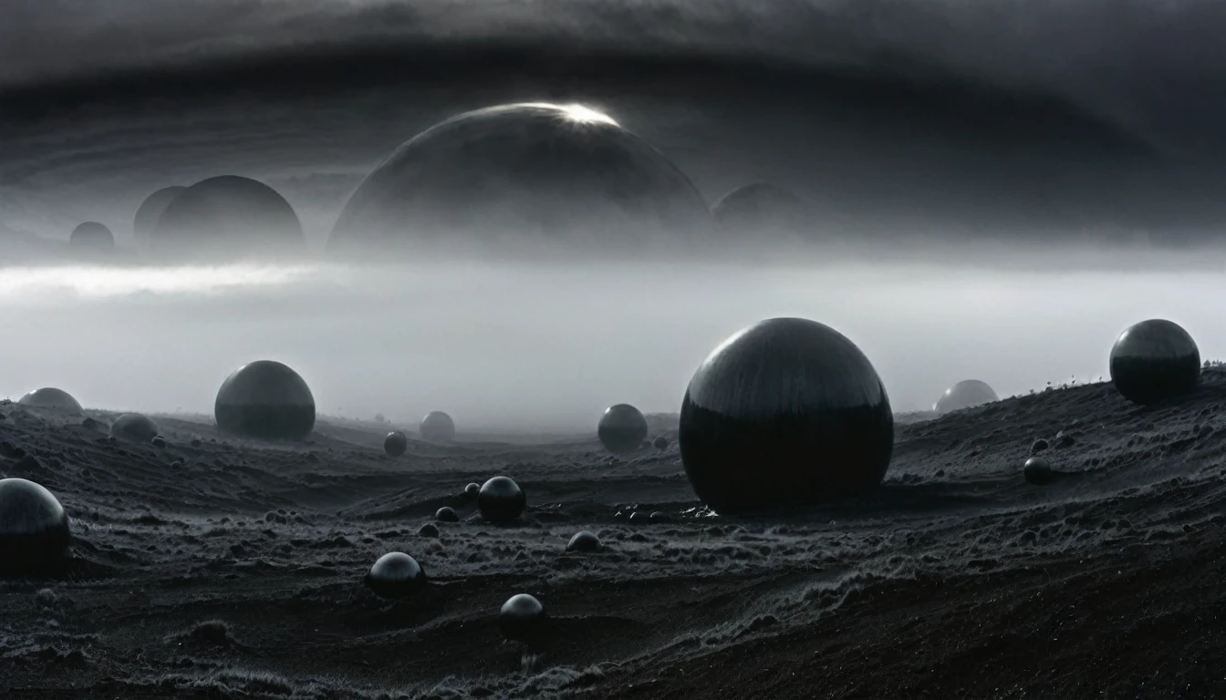 ON A STORMY GRAY DAY THE GIANT BLACK PLANETS ARE SEEN, R STYLE.h. GIGER VERY CLOSE, ALMOST TOUCHING. SHOWS GRAVITATIONAL FIELD ABSORBING AND RELEASING MATTER MUTUALLY, 4k image, ALTA RESOLUCIÓN E hÍPER REALISTA, FILM DAYLIGHTING, CLOUDY DAY WITH FOG
