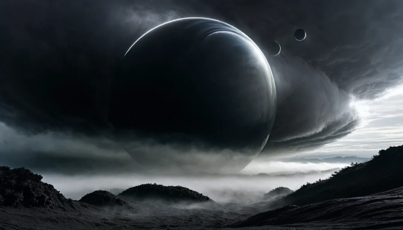 ON A STORMY GRAY DAY THE GIANT BLACK PLANETS ARE SEEN, R STYLE.h. GIGER VERY CLOSE, ALMOST TOUCHING. SHOWS GRAVITATIONAL FIELD ABSORBING AND RELEASING MATTER MUTUALLY, 4k image, ALTA RESOLUCIÓN E hÍPER REALISTA, FILM DAYLIGHTING, CLOUDY DAY WITH FOG
